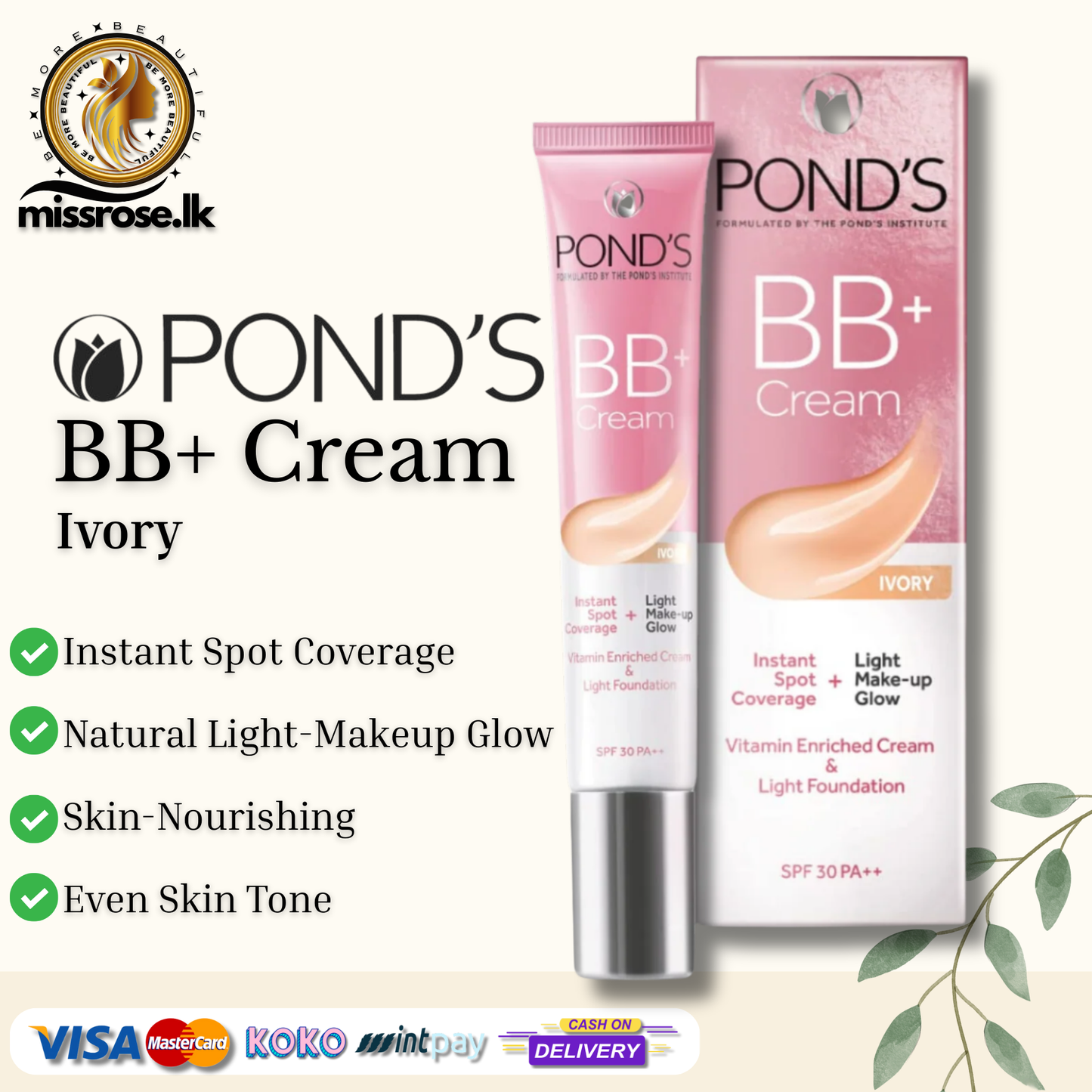 POND’S BB+ Cream – Instant Spot Coverage + Light Make-Up Glow, Ivory