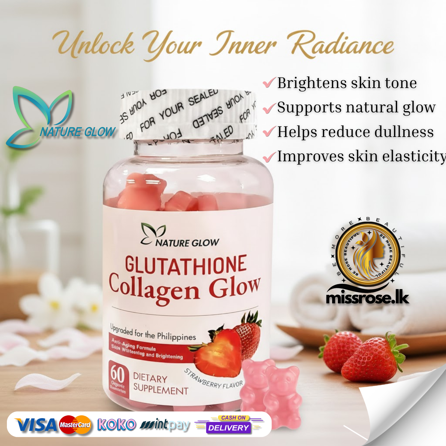 Nature Glow Glutathione Collagen Glow Strawberry | Missrose.lk Nature Glow Glutathione Collagen Glow Strawberry | Missrose.lk