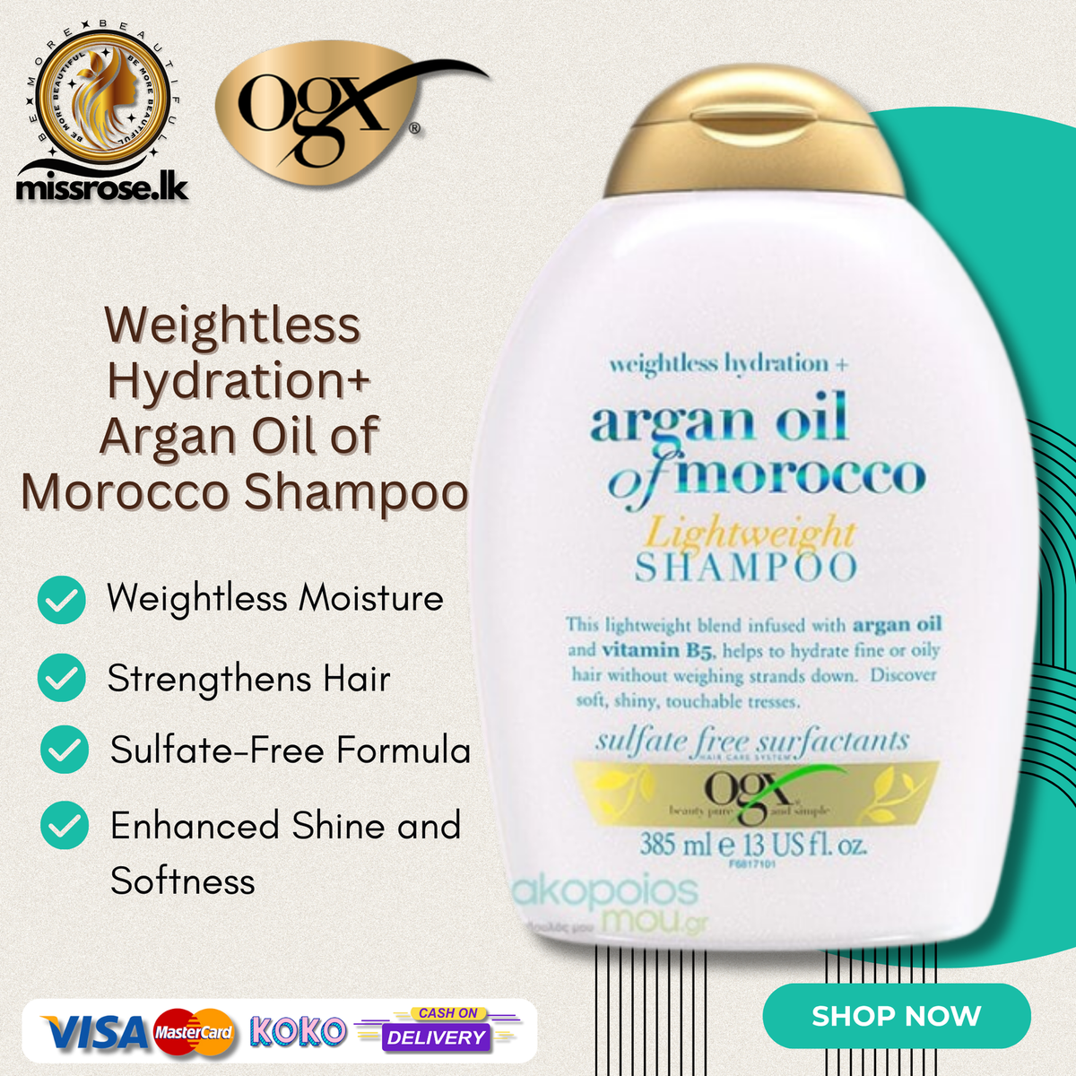 OGX Weightless Hydration Argan Oil of Morocco Shampoo 385ml - Missrose.lk