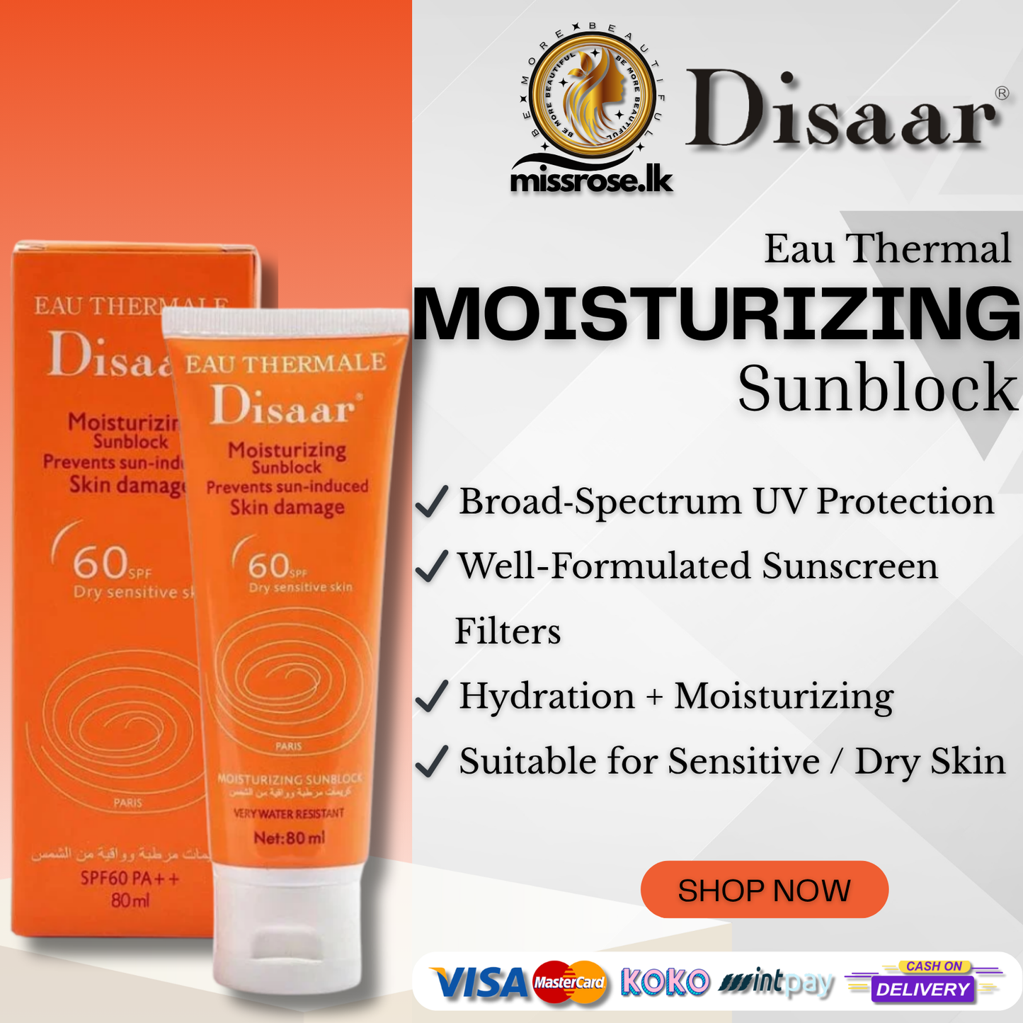 Disaar Eau Thermal Sunscreen Moisturizing Cream SPF 60