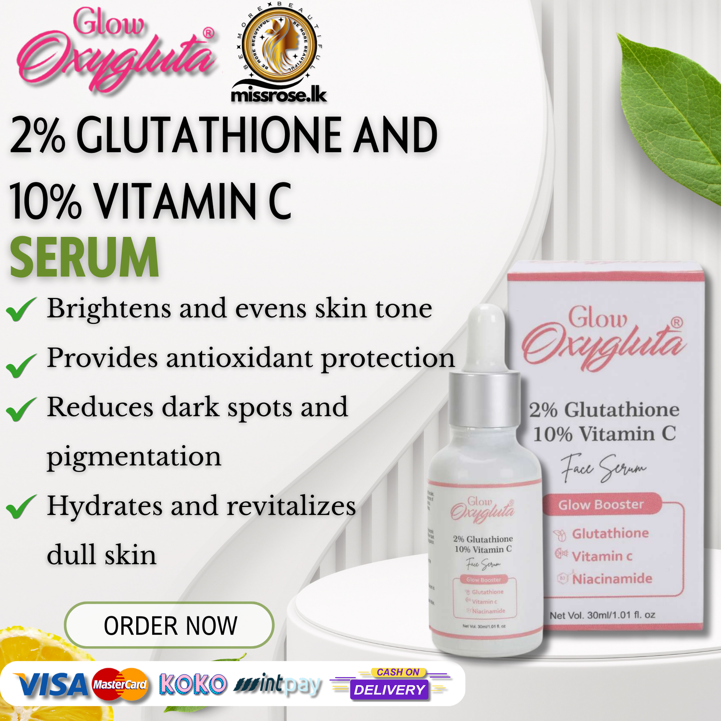 Glow Oxygluta  2% Glutathione and 10% Vitamin C serum 30ml