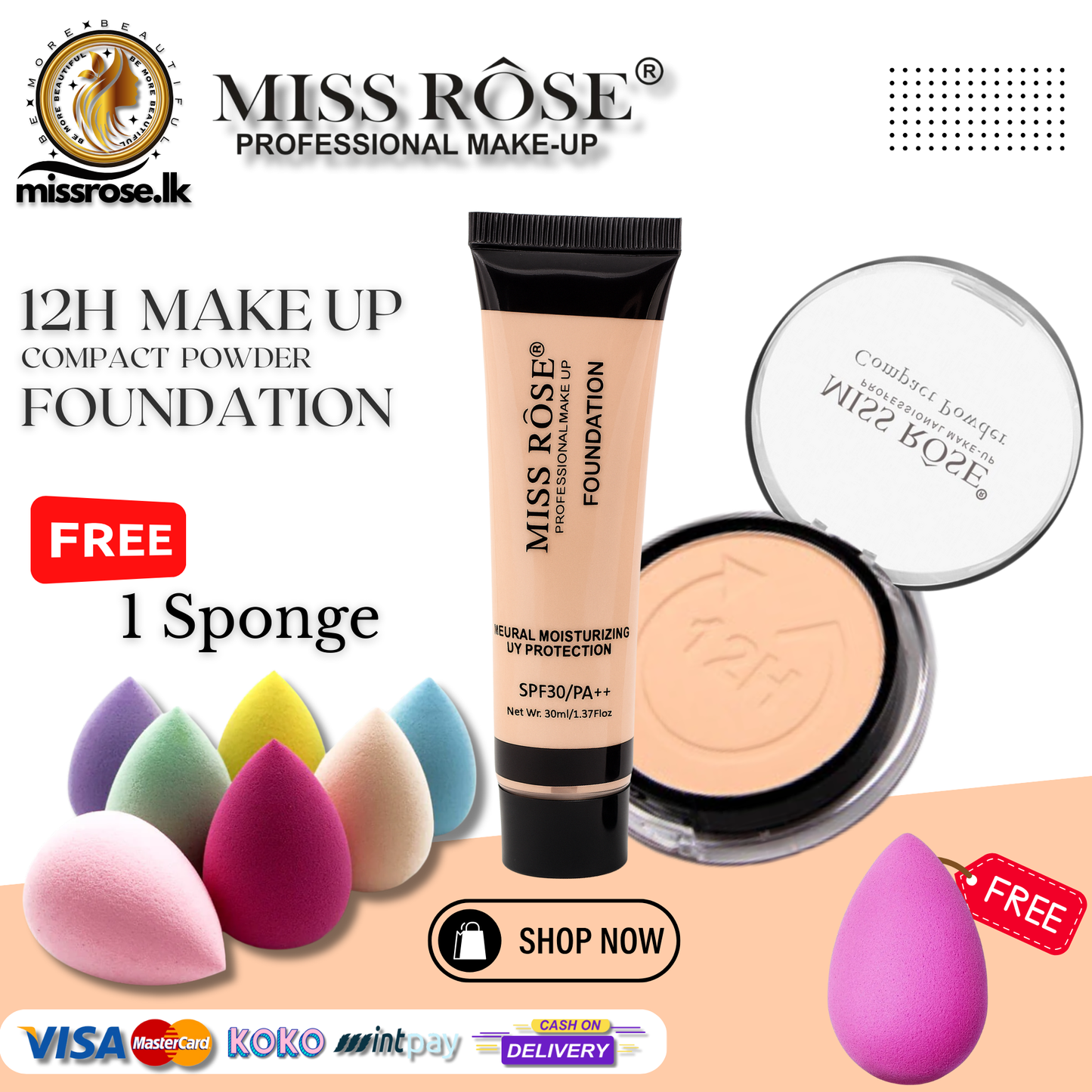 Miss Rose 12H Compact Powder Foundation + FREE Beauty Sponge