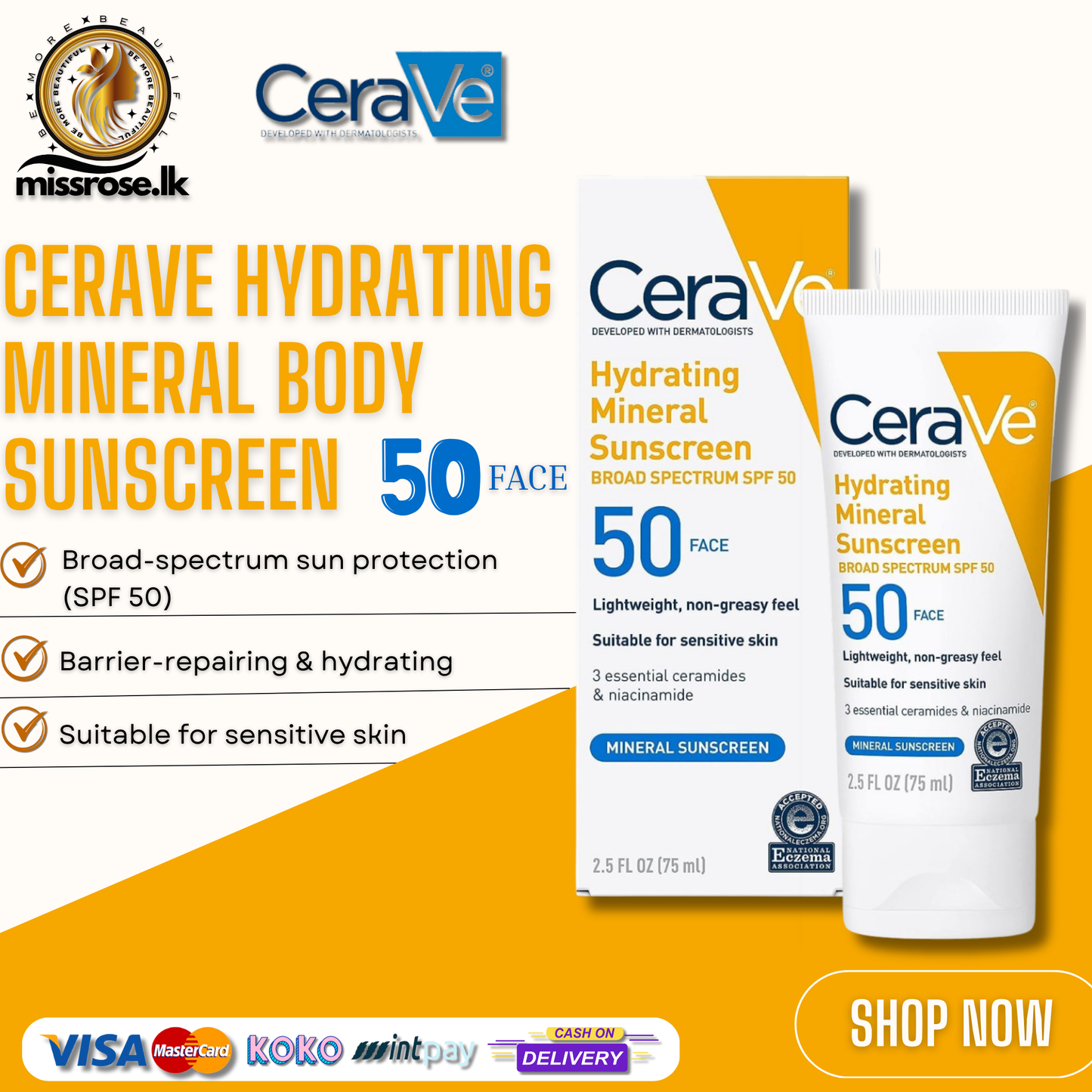 CeraVe Hydrating Mineral Body Sunscreen Broad Spectrum SPF 50 for (Sensitive Skin)