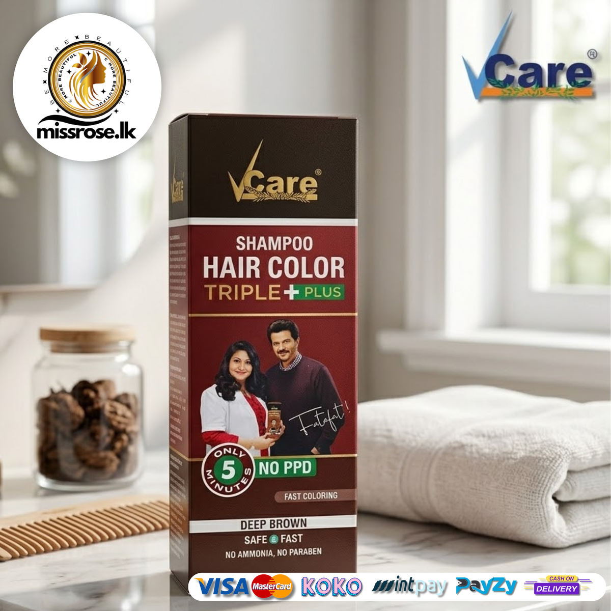 VCare Shampoo Hair Colour Shampoo, Deep Brown 180ml for Women and Men