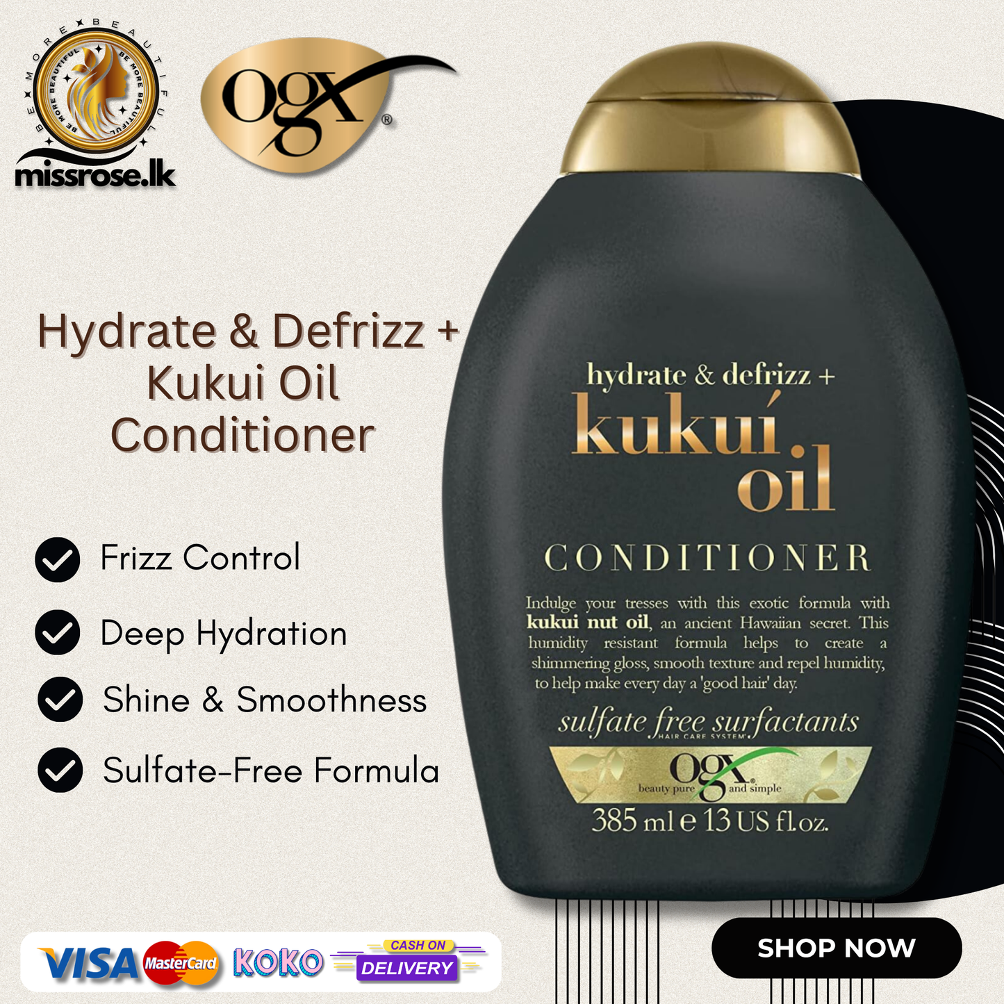 OGX Kukui Oil Conditioner for Frizzy Hair, 385ml