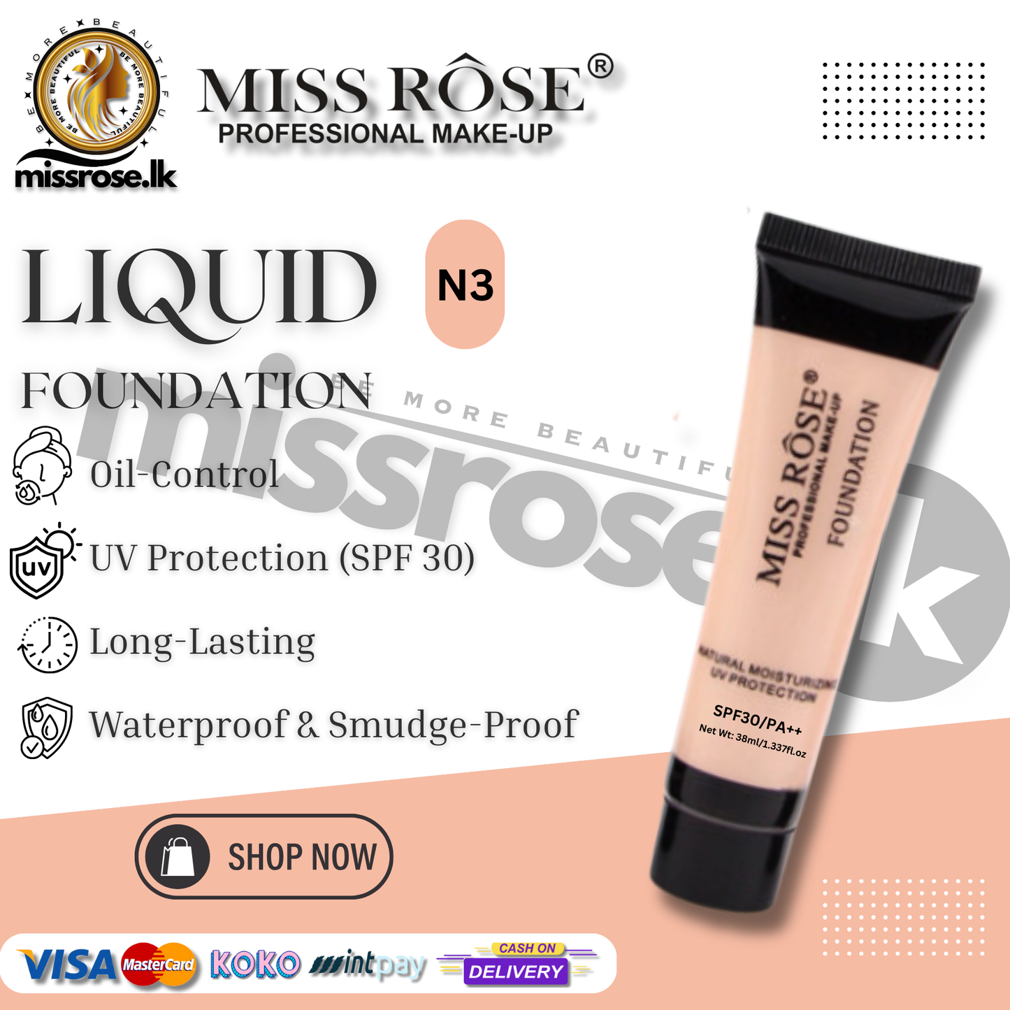 MISS ROSE Liquid Foundation – Natural UV Protection