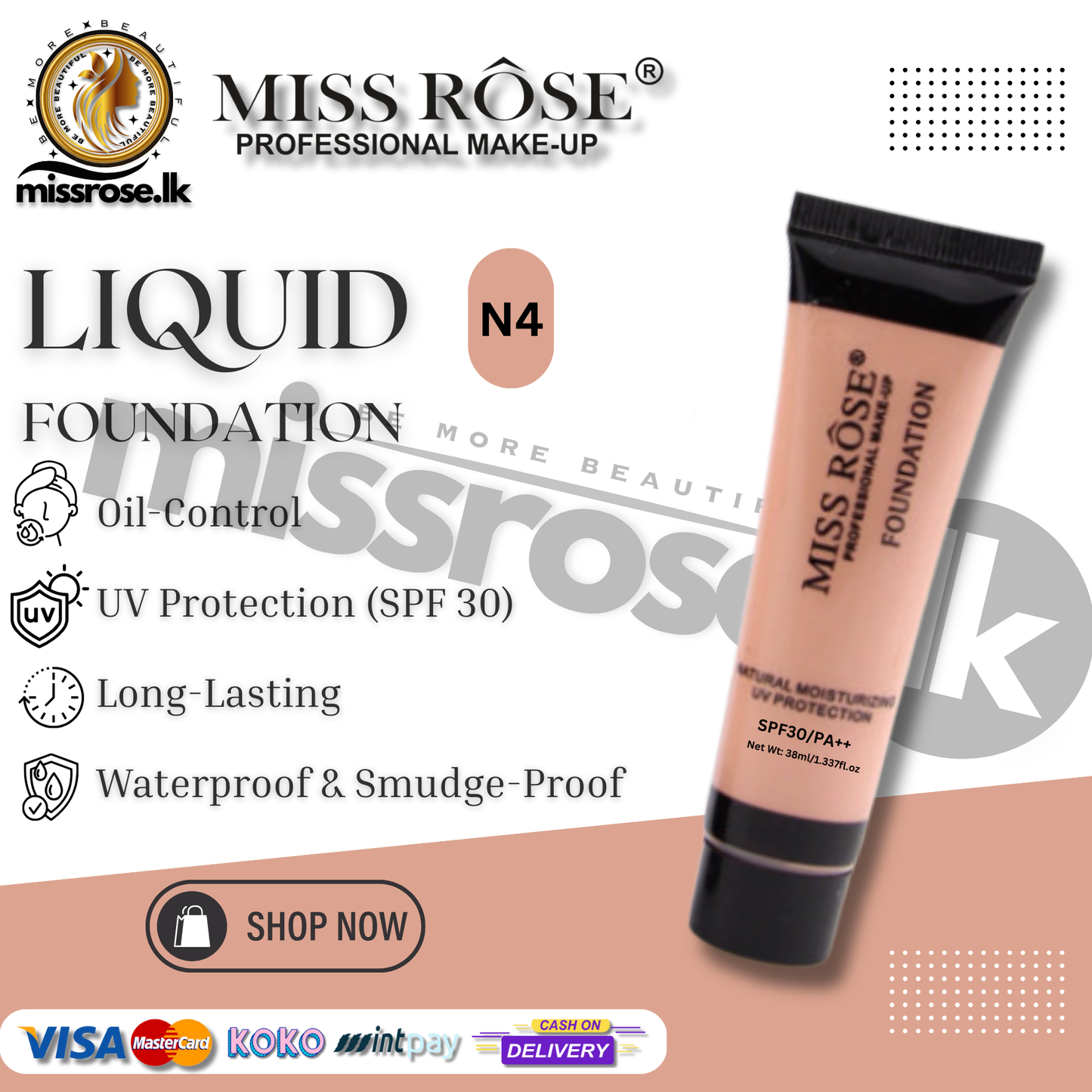MISS ROSE Liquid Foundation – Natural UV Protection
