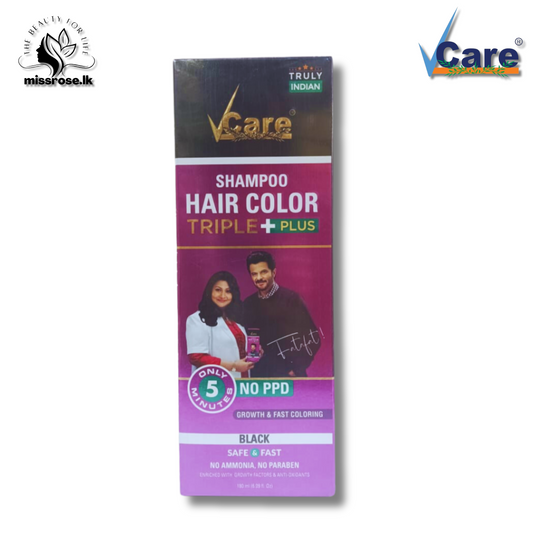 VCare Triple Plus Hair Colour Shampoo Black Hair Colour Shampoo, 180ml for Women and Men