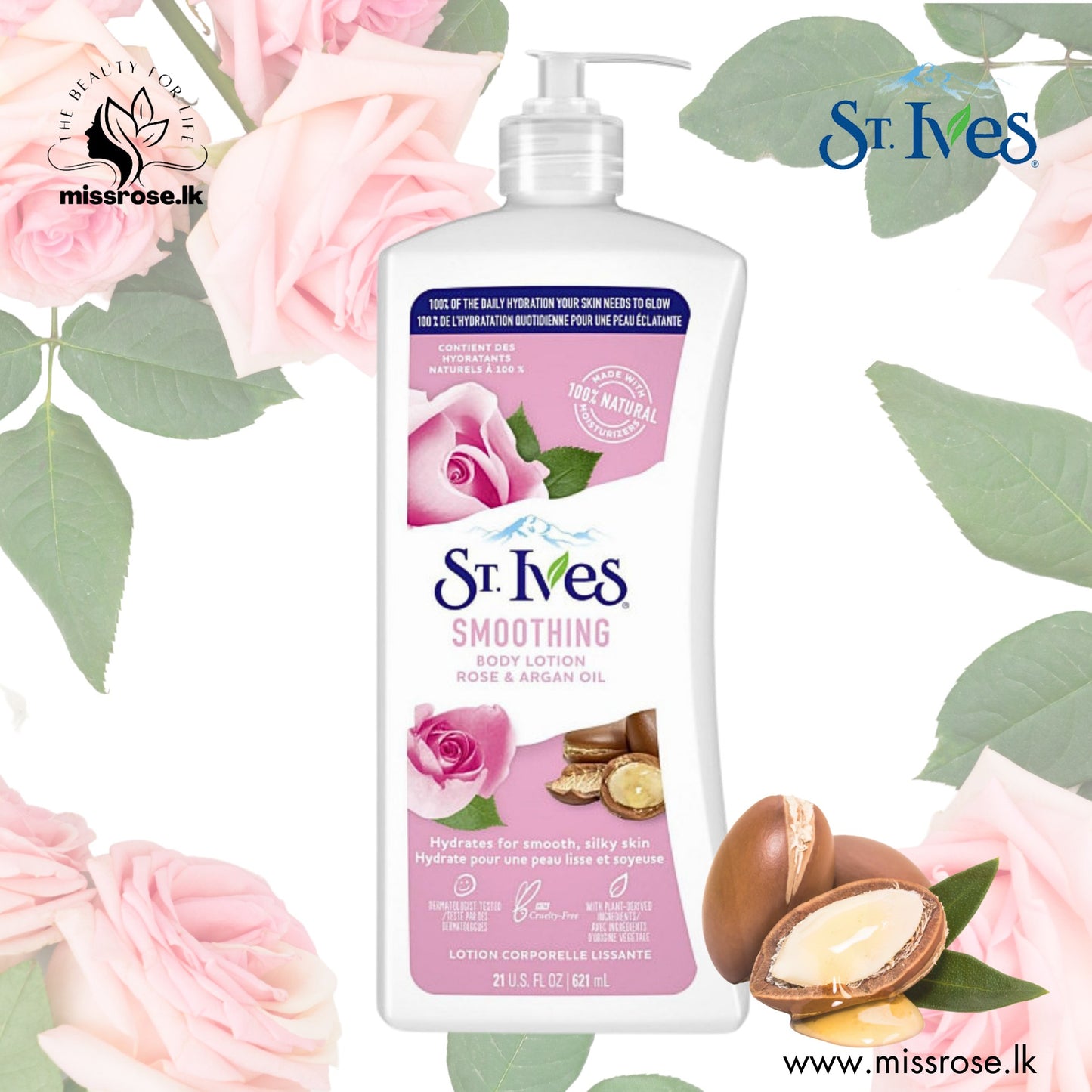 St. Ives Smoothing Body Lotion with Rose and Argan Oil – 621 ml - missrose.lk