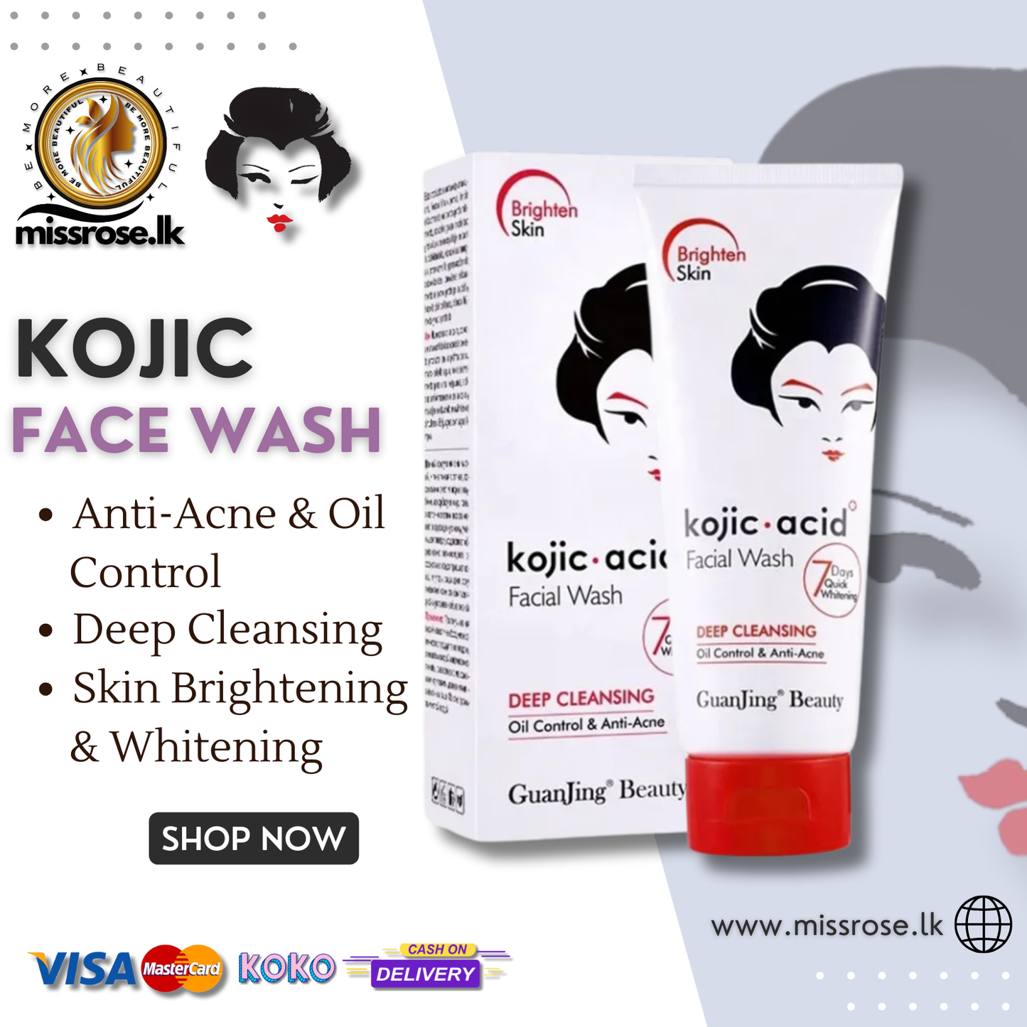 Kojic Acid Deep Cleansing, Whitening, Anti Acne, & Oil Control Kojic Acid Facial Wash (GUANJING)