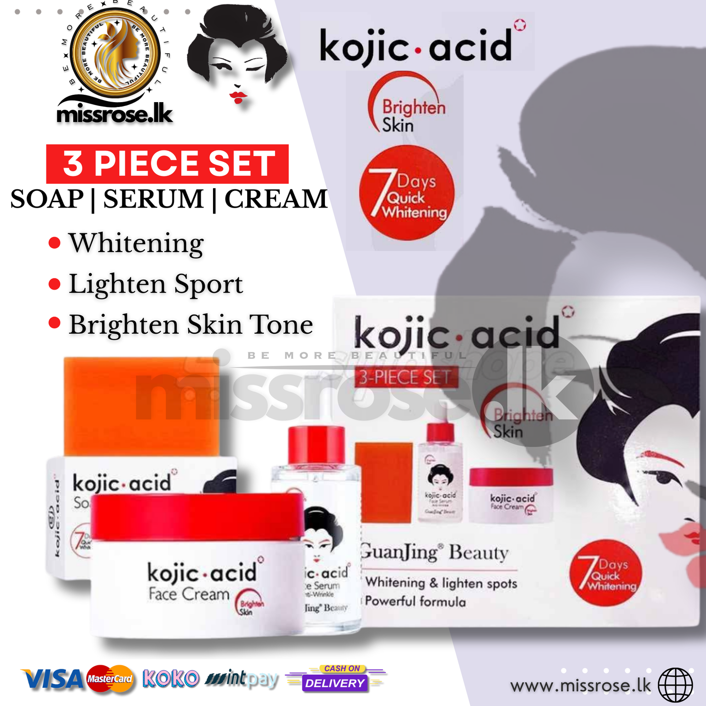 Kojic Acid Skin Care Set 3pc For Whitening Brightening Anti Aging