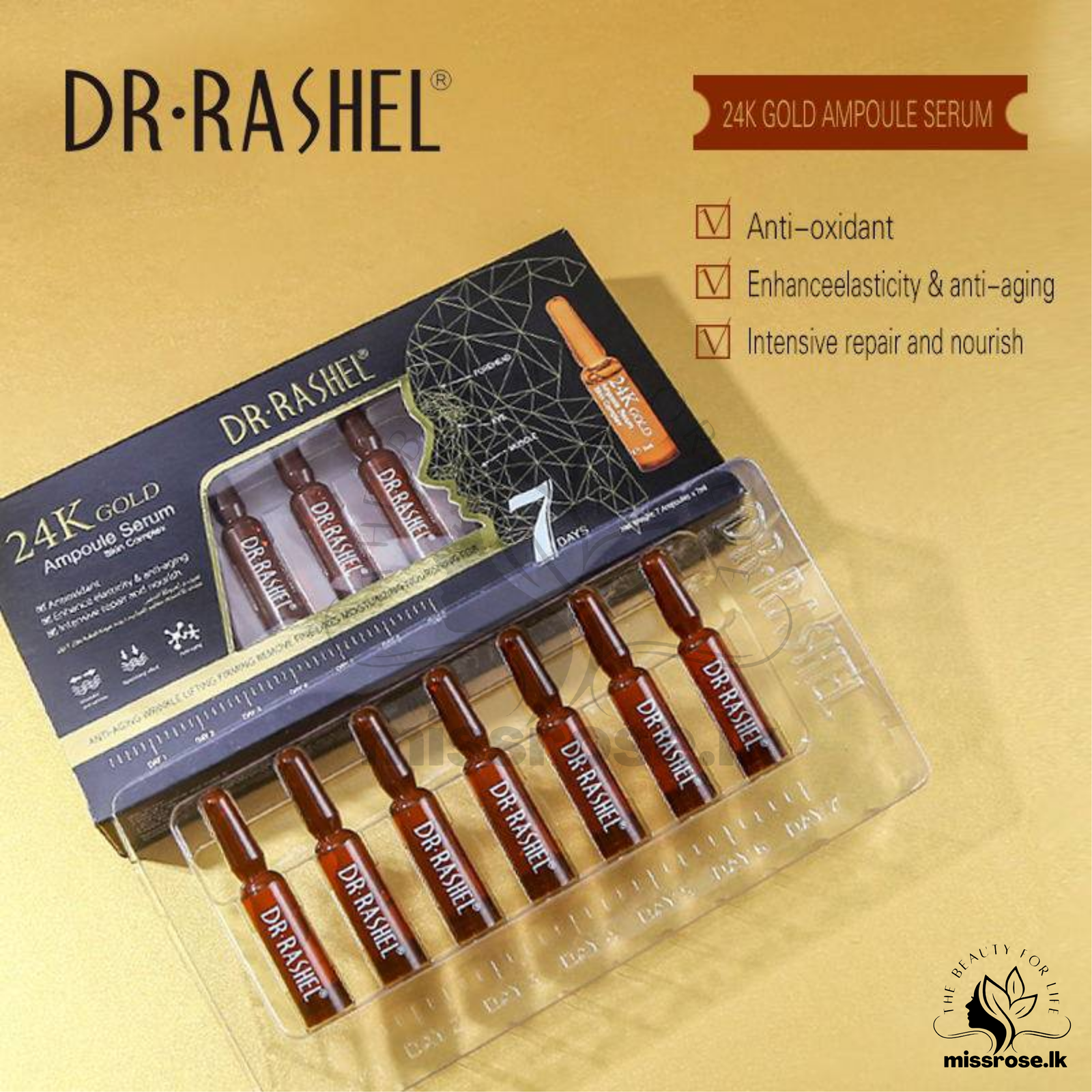 DR RASHEL Skin Care 24K Gold Ampoule Face Serum 2ml X 7pcs - Missrose.lk