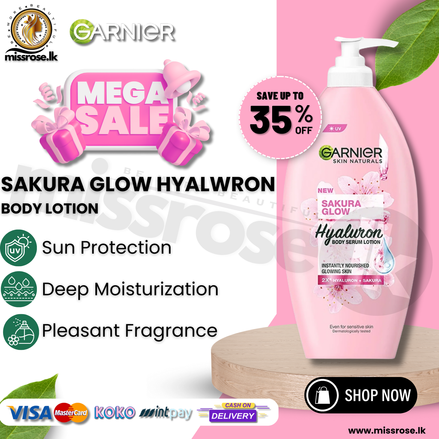 Garnier Sakura Glow Pinkish Radiance Body Serum Milk UV Whitening 400ml