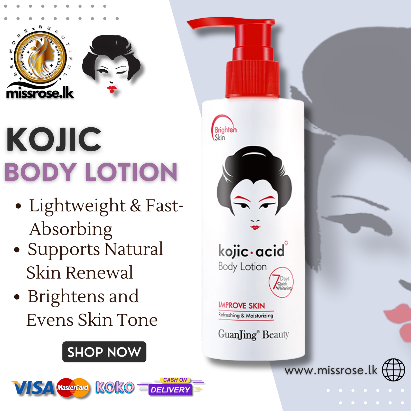 Kojic Acid Body Lotion - Kojic Acid Skin Brightening Body Lotion - Missrose.lk