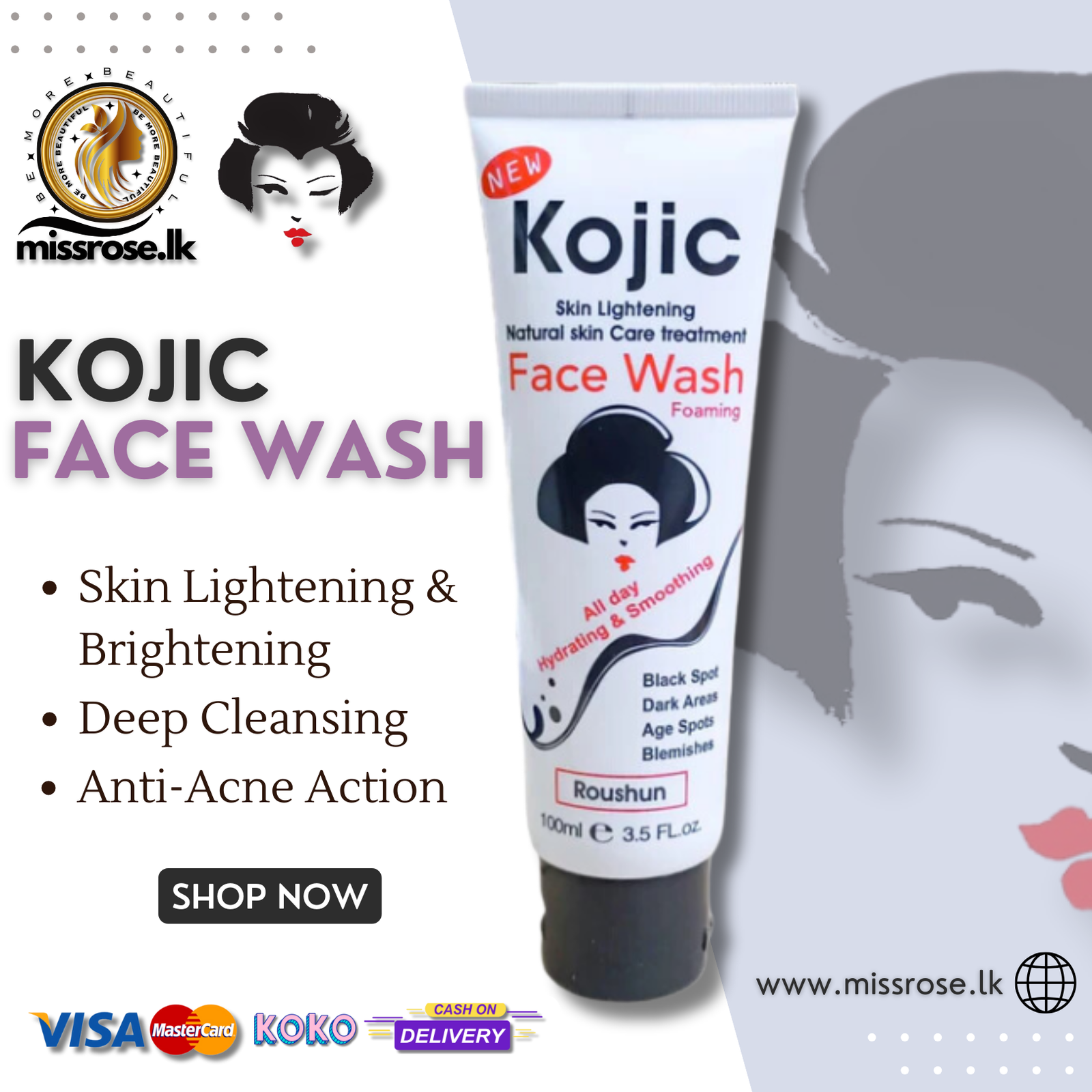 Kojic Skin Lightening Foaming Face Wash - Missrose.lk