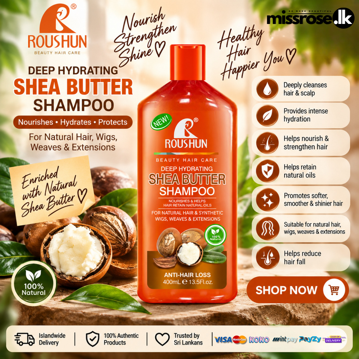 Roushun Deep Hydrating Shea Butter Shampoo – 400ml