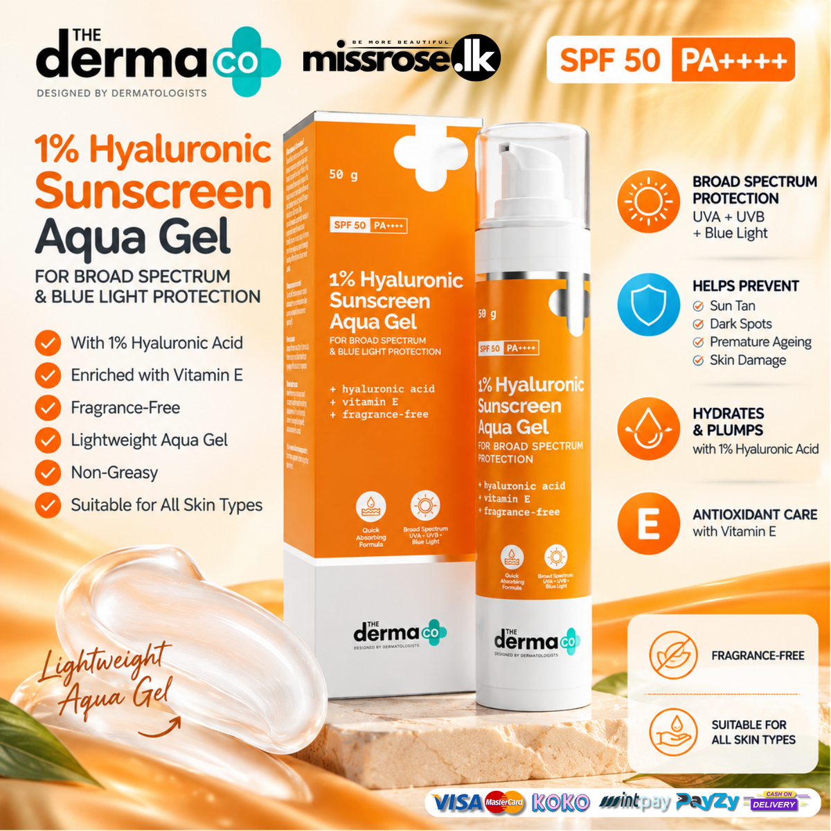 The Derma Co 1% Hyaluronic Sunscreen Aqua Gel SPF 50 PA++++